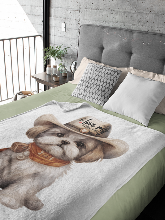 Cowboy Shih Tzu Velveteen Plush Blanket