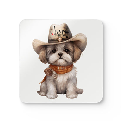 Cowboy Shih Tzu Corkwood Coaster Set