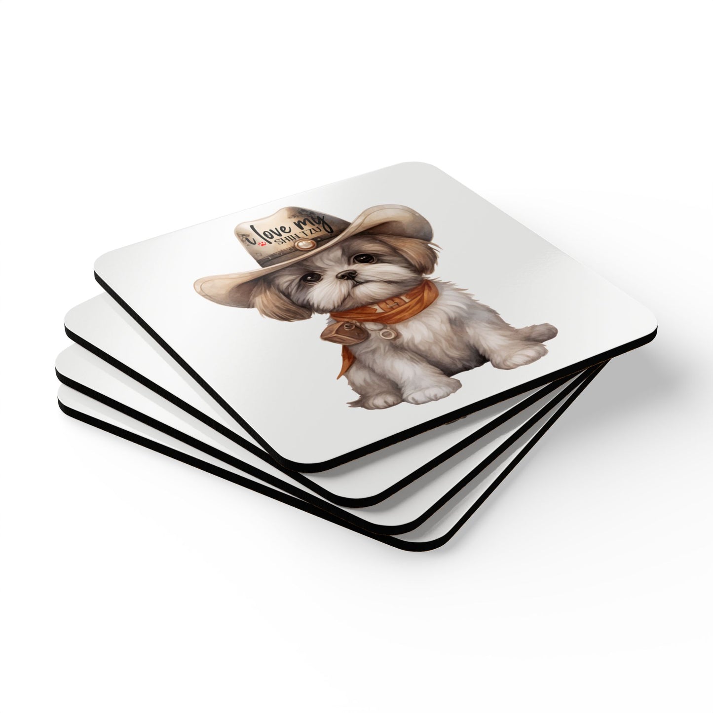 Cowboy Shih Tzu Corkwood Coaster Set