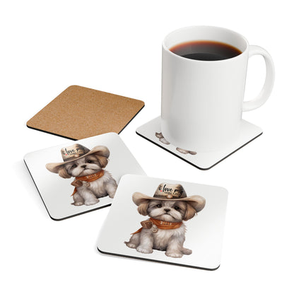 Cowboy Shih Tzu Corkwood Coaster Set