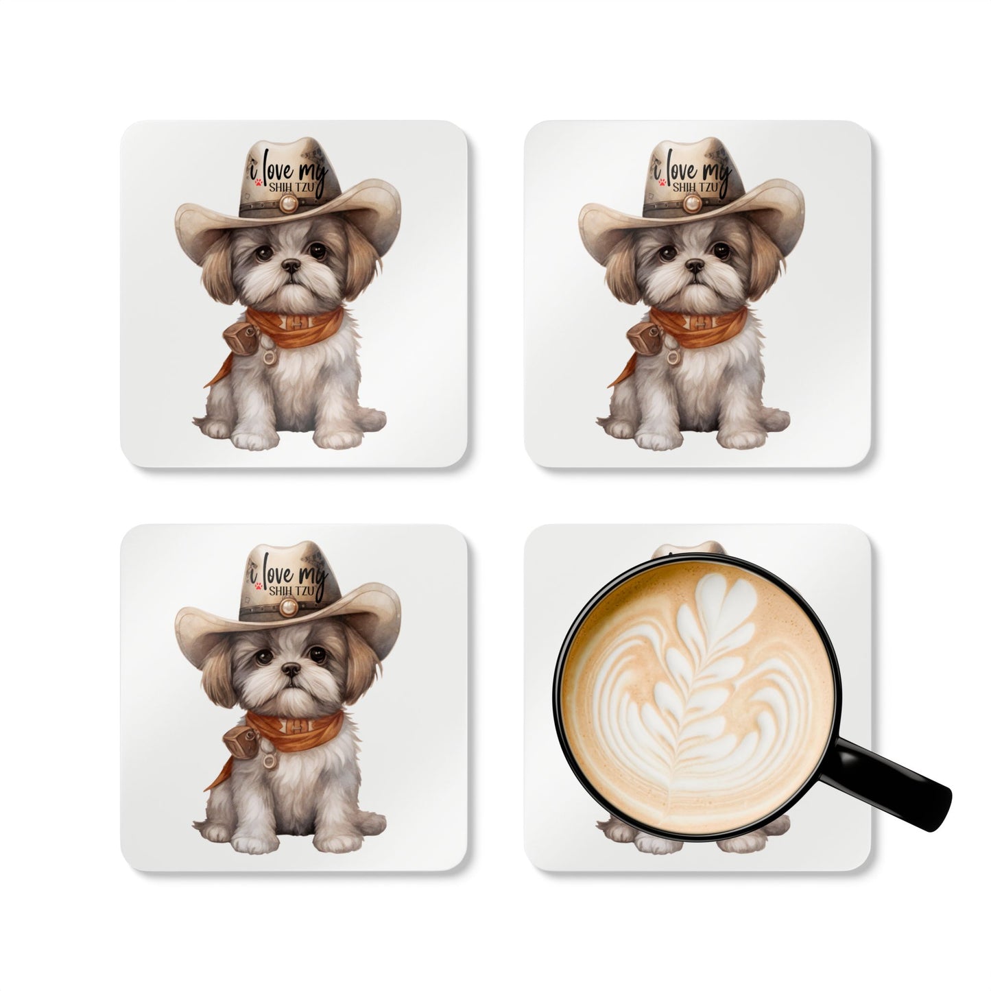 Cowboy Shih Tzu Corkwood Coaster Set