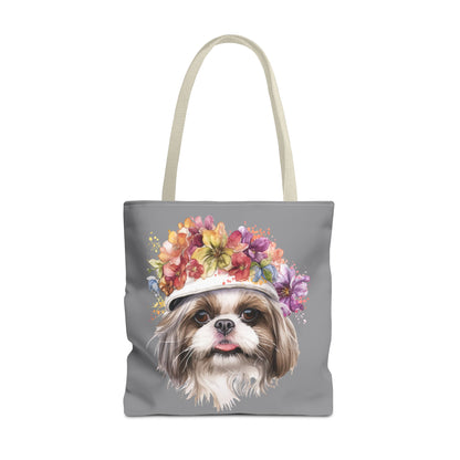 Shih Tzu With Flower Hat Tote Bag Dark Grey