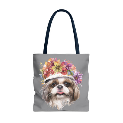 Shih Tzu With Flower Hat Tote Bag Dark Grey