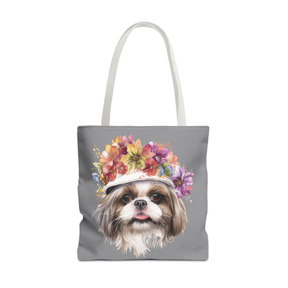 Shih Tzu With Flower Hat Tote Bag Dark Grey