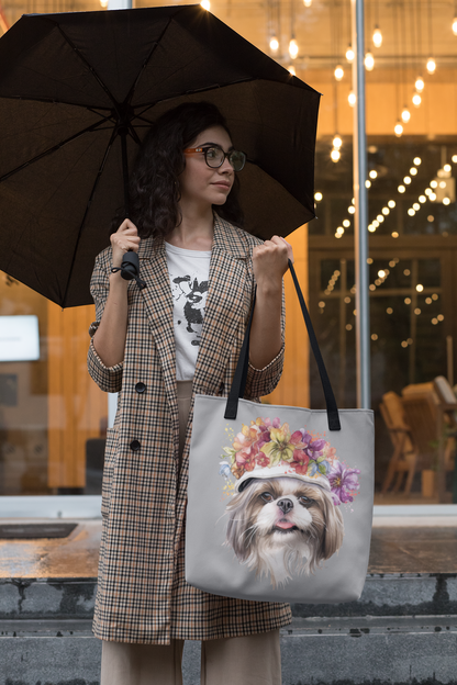 Shih Tzu With Flower Hat Tote Bag Light Grey