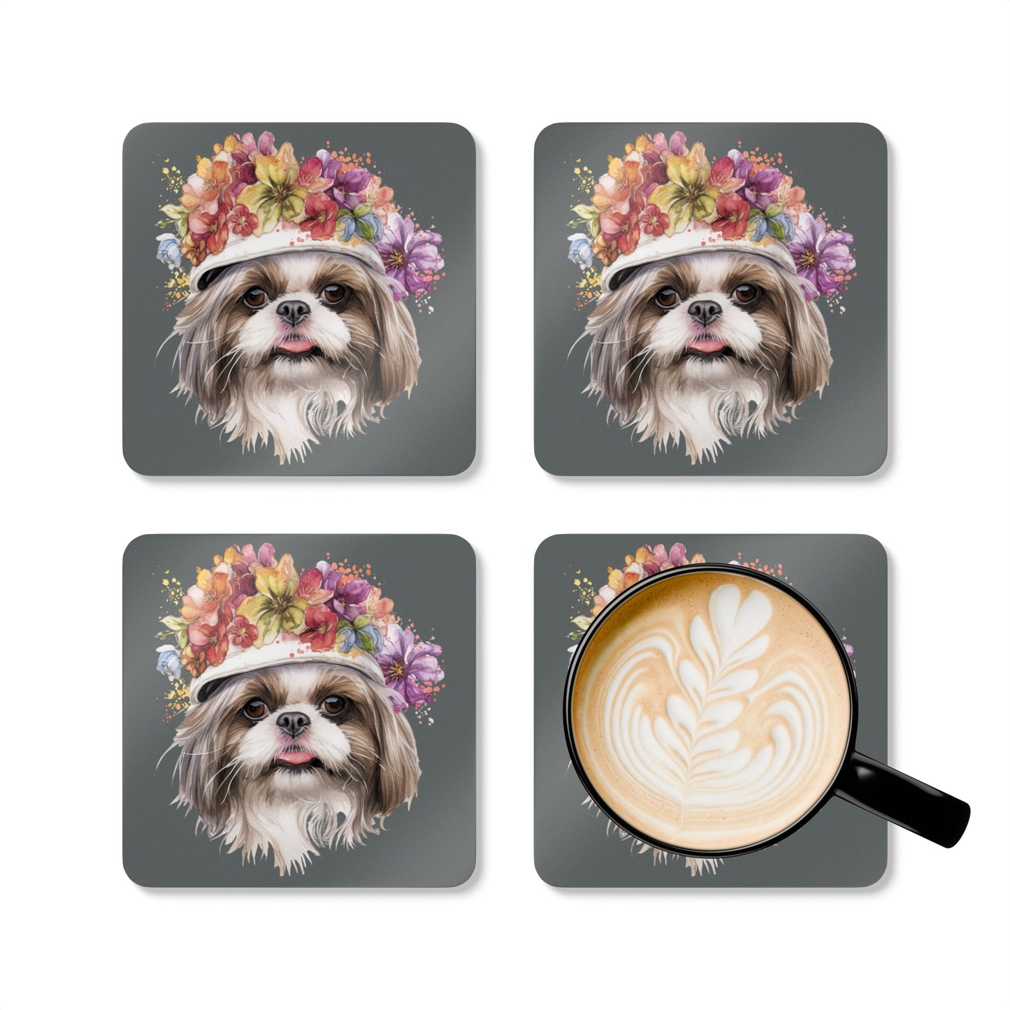 Shih Tzu With Flowers Hat Corkwood Coaster Set