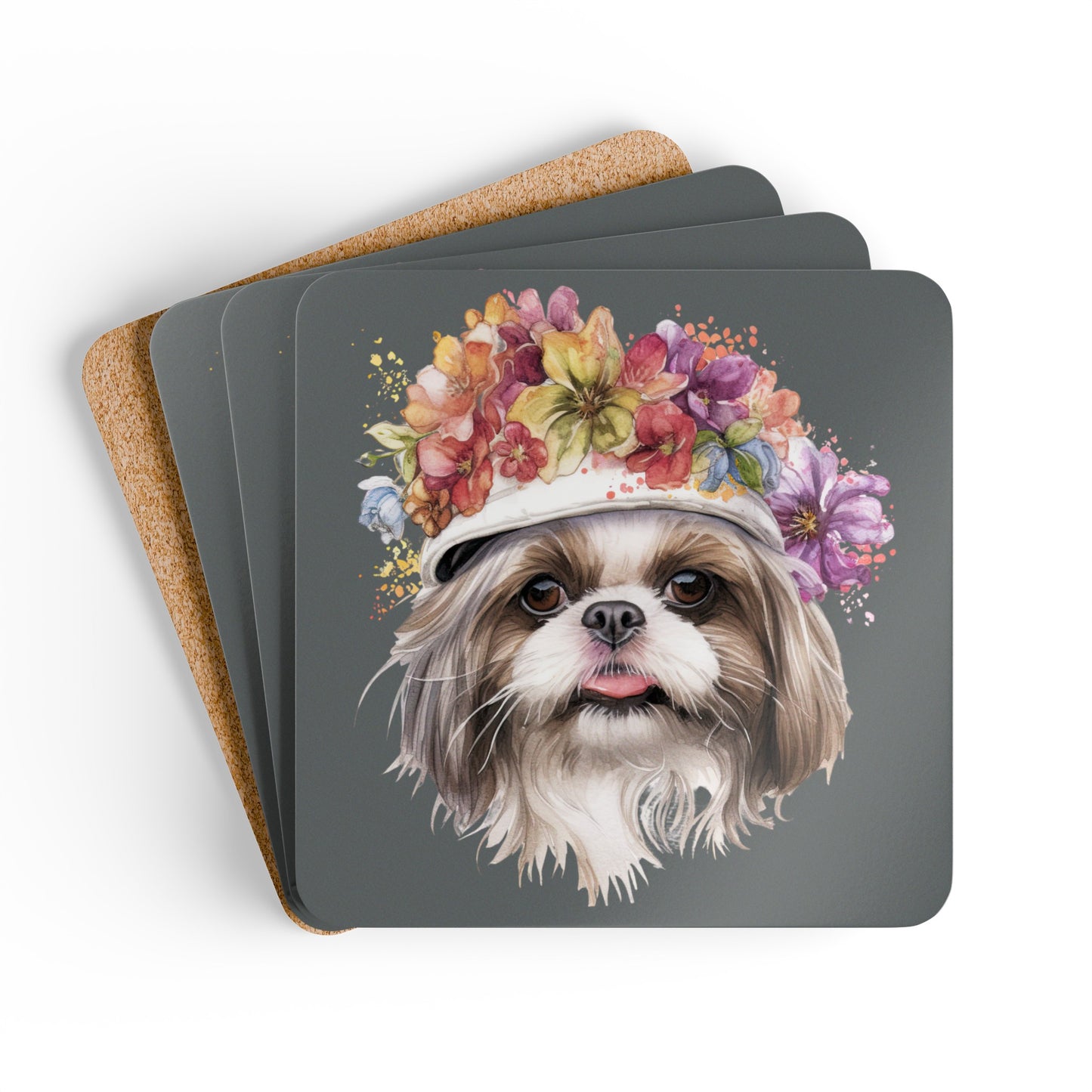 Shih Tzu With Flowers Hat Corkwood Coaster Set