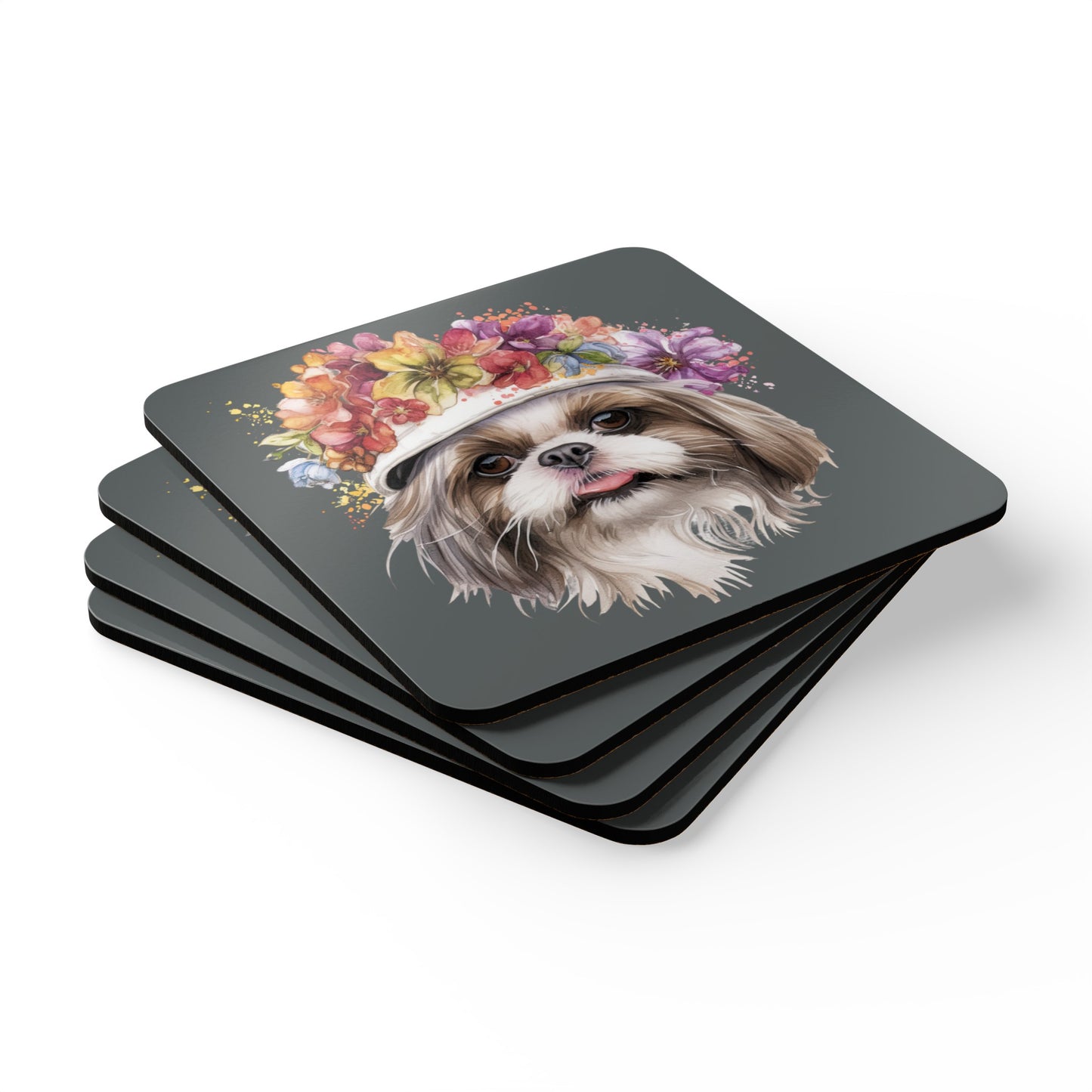 Shih Tzu With Flowers Hat Corkwood Coaster Set