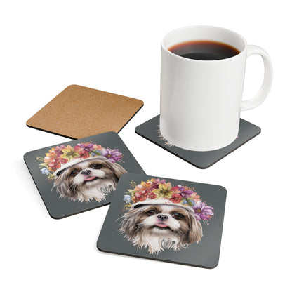 Shih Tzu With Flowers Hat Corkwood Coaster Set