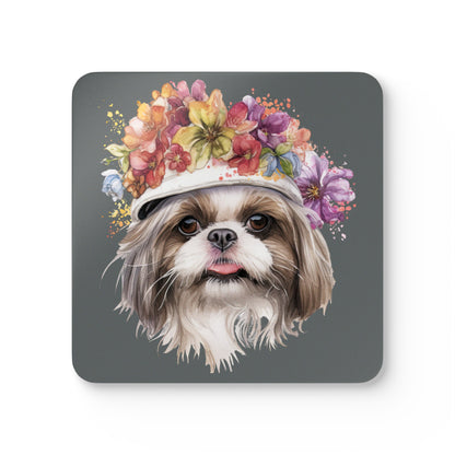 Shih Tzu With Flowers Hat Corkwood Coaster Set