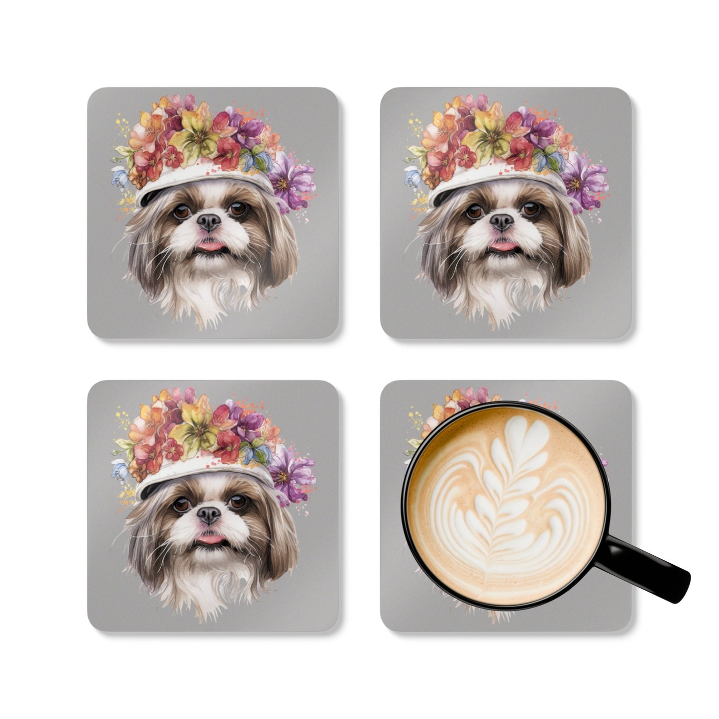 Shih Tzu With Flowers Hat Corkwood Coaster Set