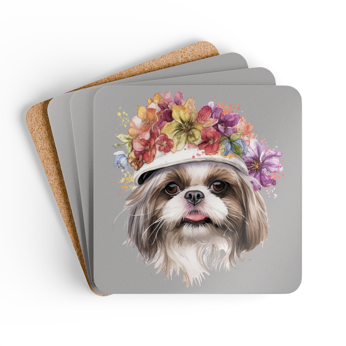 Shih Tzu With Flowers Hat Corkwood Coaster Set