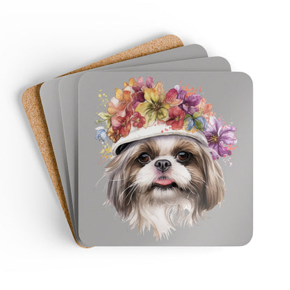 Shih Tzu With Flowers Hat Corkwood Coaster Set