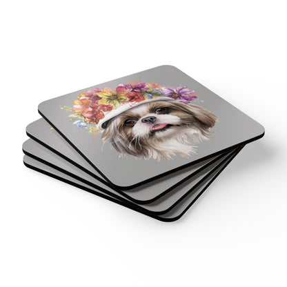 Shih Tzu With Flowers Hat Corkwood Coaster Set