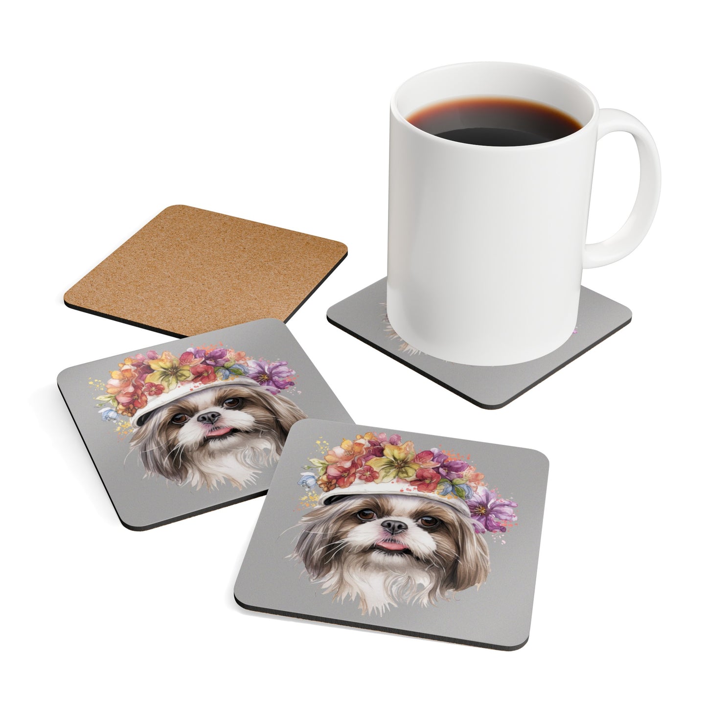 Shih Tzu With Flowers Hat Corkwood Coaster Set