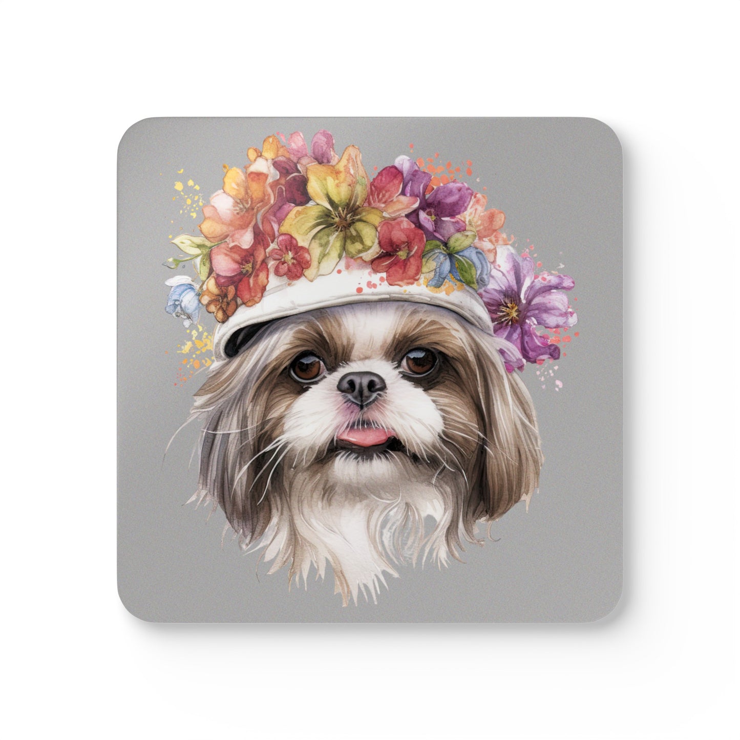 Shih Tzu With Flowers Hat Corkwood Coaster Set