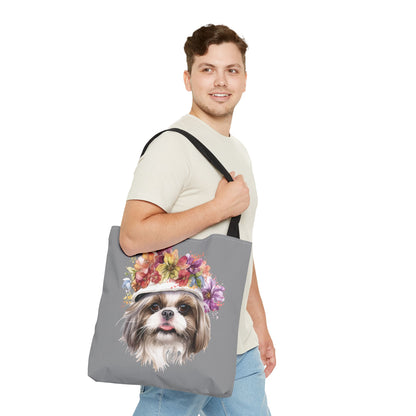 Shih Tzu With Flower Hat Tote Bag Dark Grey