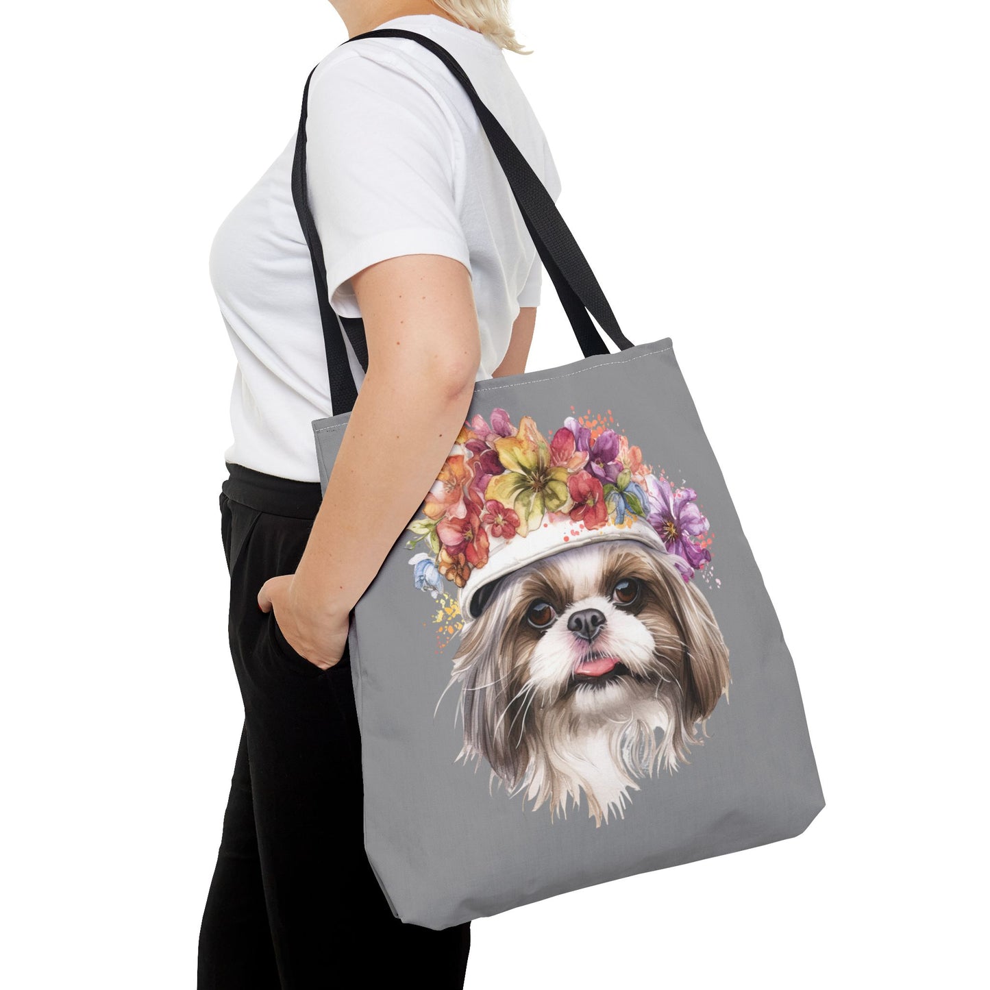 Shih Tzu With Flower Hat Tote Bag Dark Grey