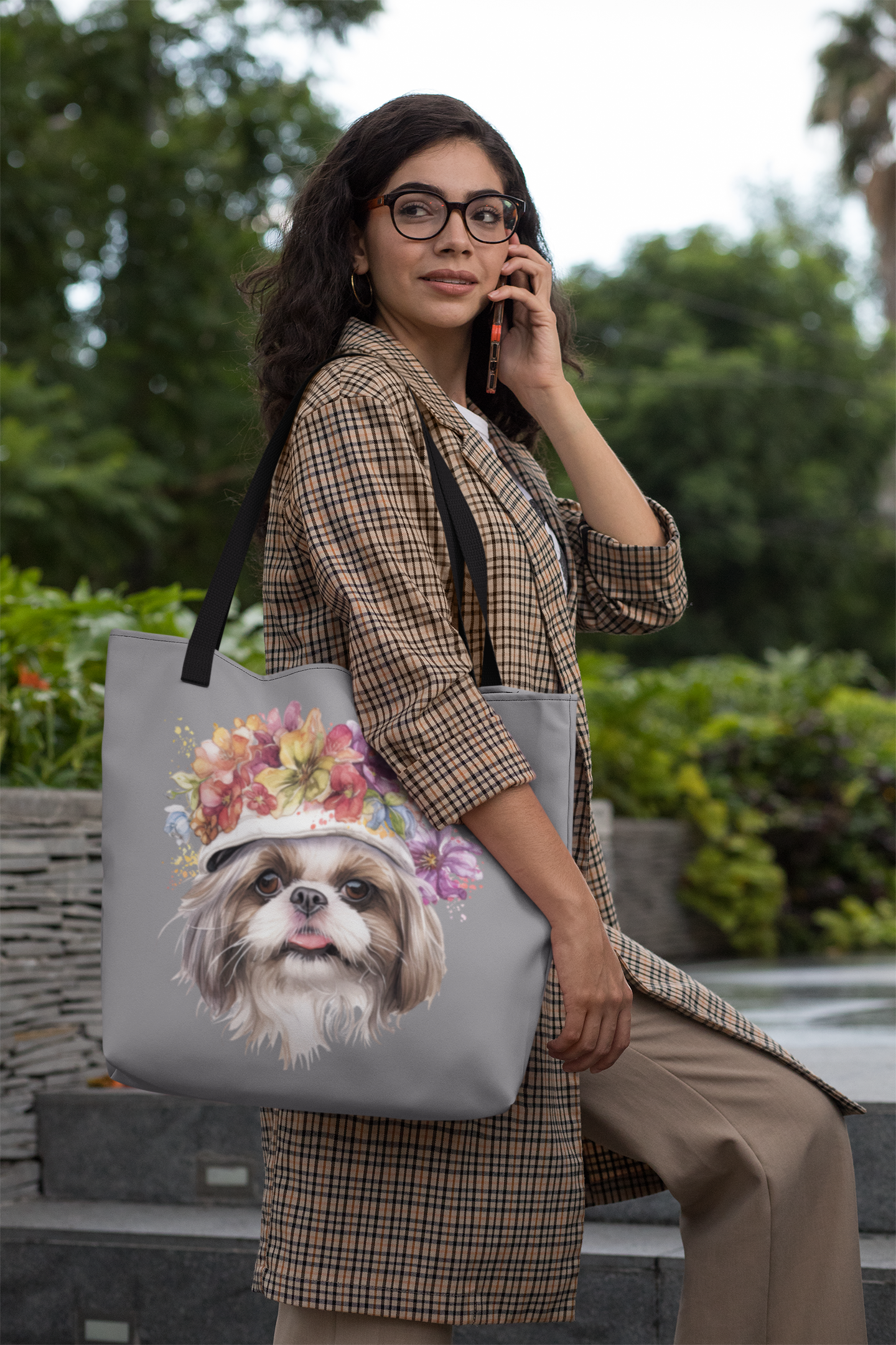 Shih Tzu With Flower Hat Tote Bag Dark Grey