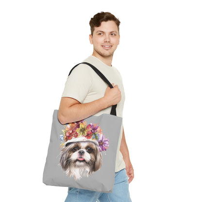 Shih Tzu With Flower Hat Tote Bag Light Grey