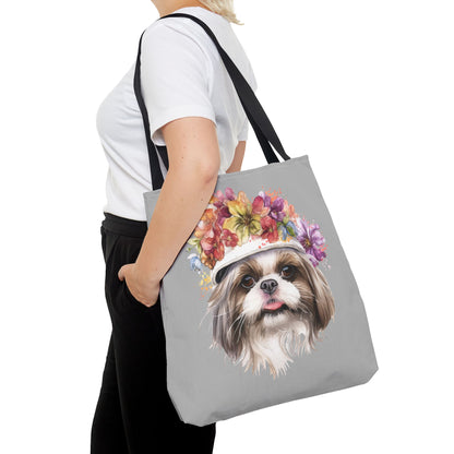 Shih Tzu With Flower Hat Tote Bag Light Grey