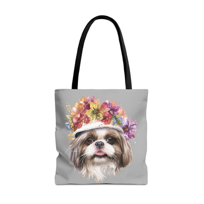 Shih Tzu With Flower Hat Tote Bag Light Grey