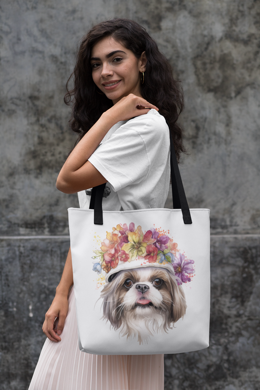 Shih Tzu With Flower Hat Tote Bag White