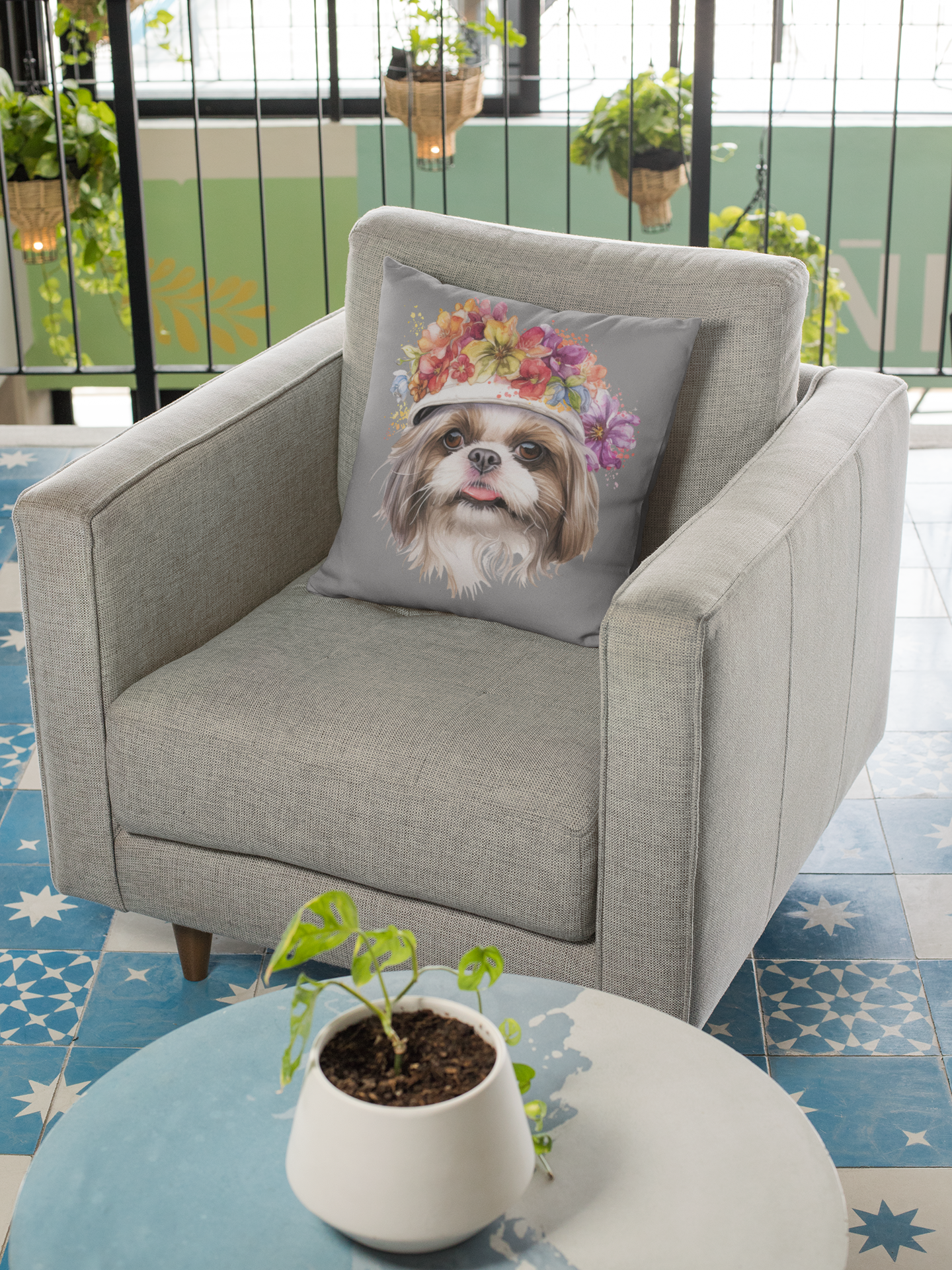 Shih Tzu With Flower Hat Square Pillow