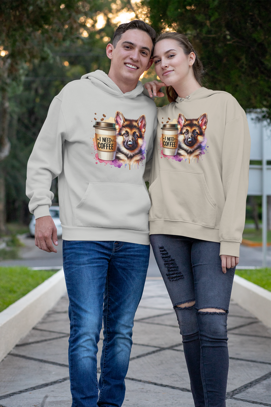 German Shepherd with Coffee Hoodie – Gift for Dog & Coffee Lovers