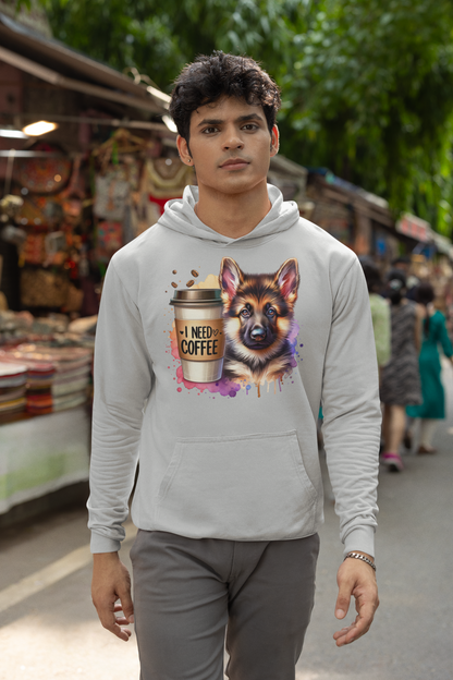 German Shepherd with Coffee Hoodie – Gift for Dog & Coffee Lovers