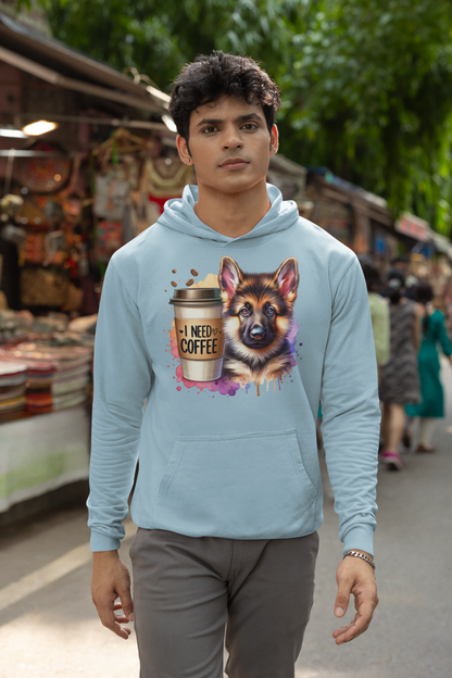 German Shepherd with Coffee Hoodie – Gift for Dog & Coffee Lovers