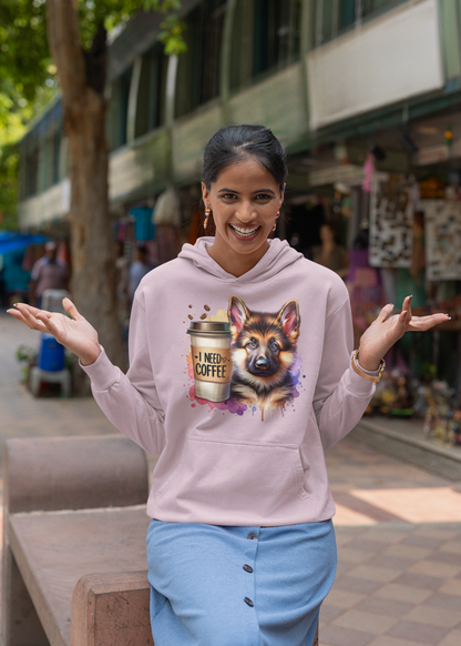 German Shepherd with Coffee Hoodie – Gift for Dog & Coffee Lovers