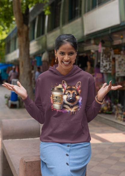 German Shepherd with Coffee Hoodie – Gift for Dog & Coffee Lovers