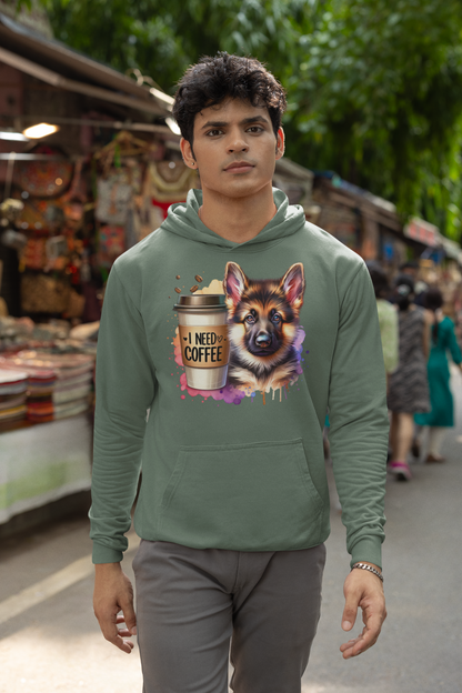 German Shepherd with Coffee Hoodie – Gift for Dog & Coffee Lovers