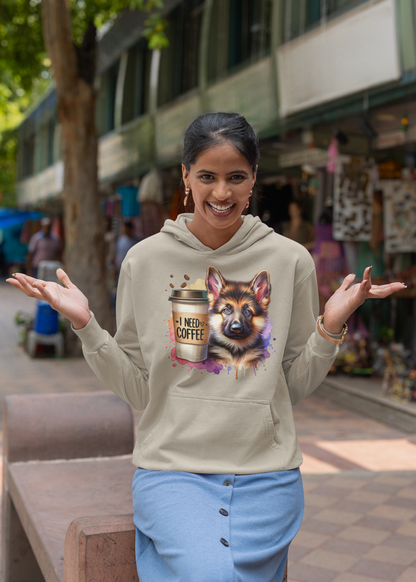 German Shepherd with Coffee Hoodie – Gift for Dog & Coffee Lovers