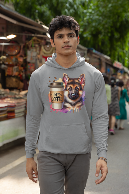 German Shepherd with Coffee Hoodie – Gift for Dog & Coffee Lovers