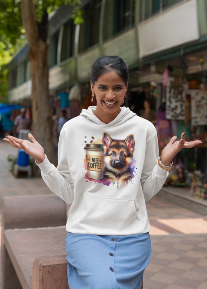 German Shepherd with Coffee Hoodie – Gift for Dog & Coffee Lovers