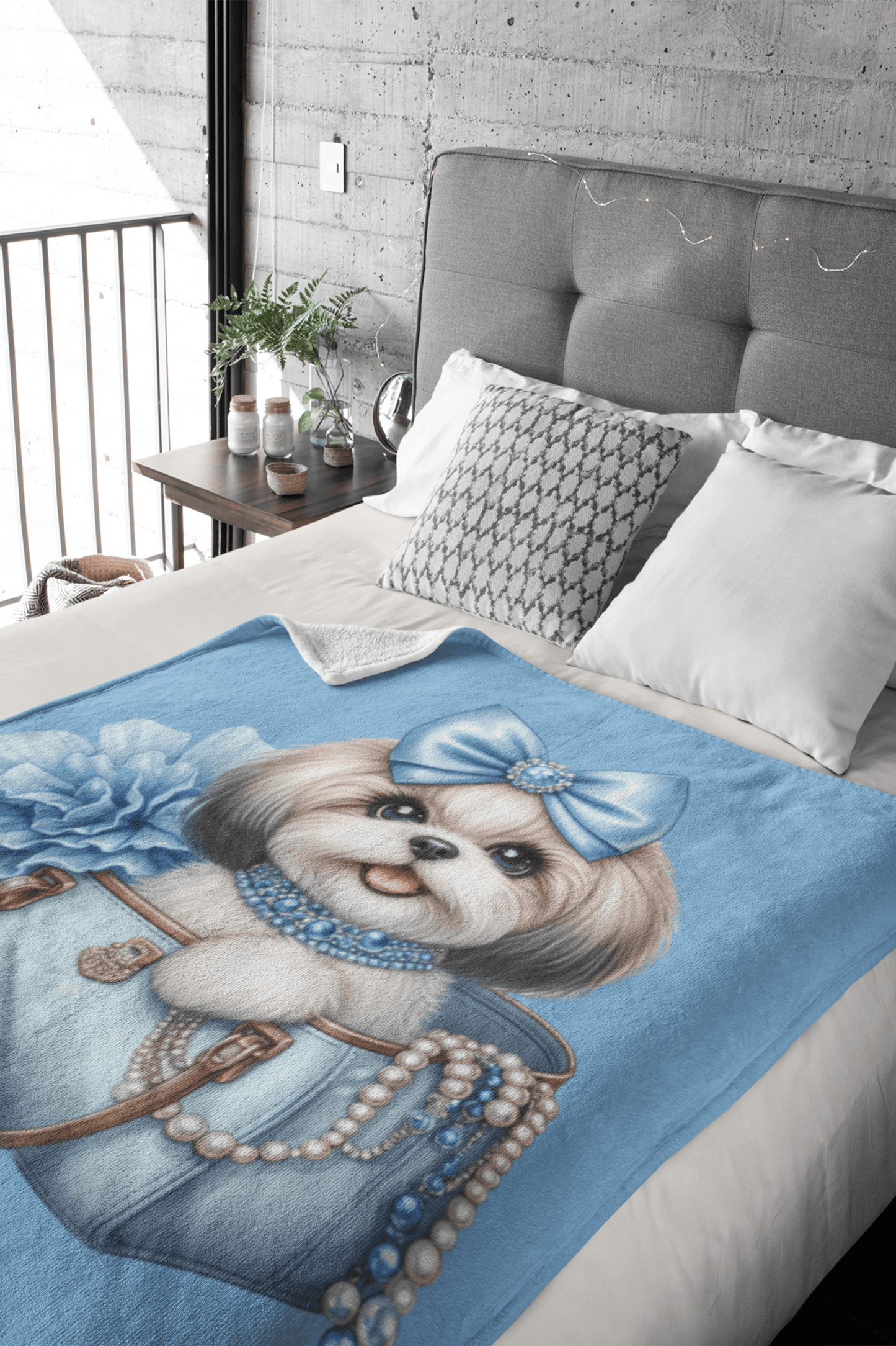 Blue Bow Shih Tzu Velveteen Plush Blanket - Shih Tzu Gifts