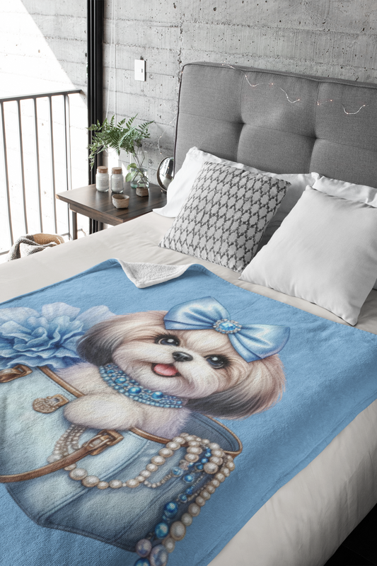 Blue Bow Shih Tzu Velveteen Plush Blanket