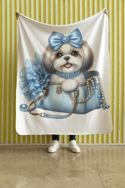 Blue Bow Shih Tzu Velveteen Plush Blanket - Shih Tzu Gifts