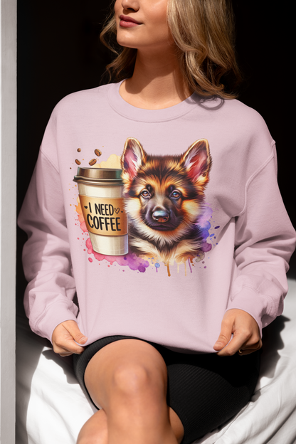 German Shepherd With Coffee Sweatshirt – Gift for Dog & Coffee Lovers