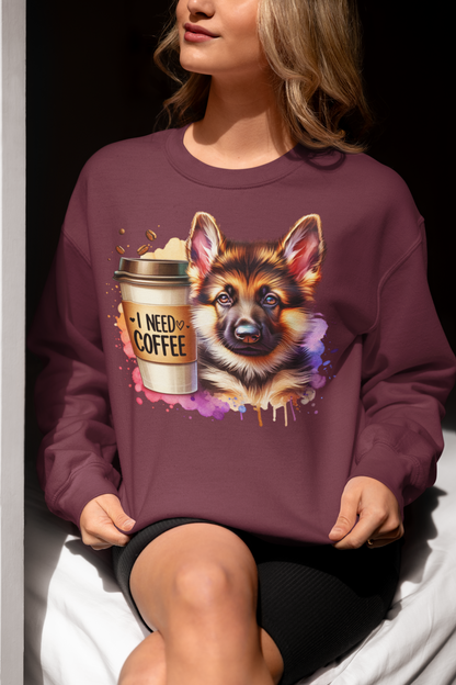 German Shepherd With Coffee Sweatshirt – Gift for Dog & Coffee Lovers