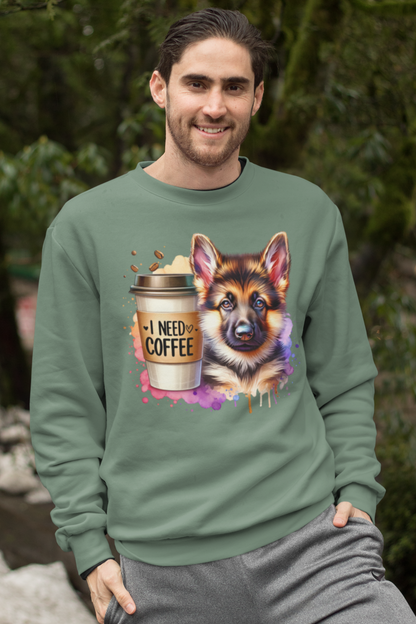 German Shepherd With Coffee Sweatshirt – Gift for Dog & Coffee Lovers