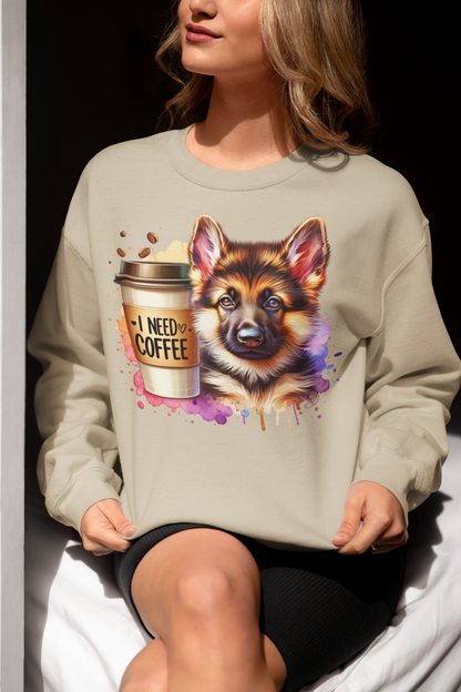 German Shepherd With Coffee Sweatshirt – Gift for Dog & Coffee Lovers
