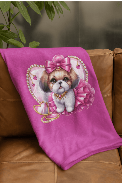 Pink Bow Shih Tzu Velveteen Plush Blanket - Shih Tzu Gifts