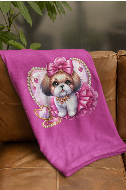 Pink Bow Shih Tzu Velveteen Plush Blanket