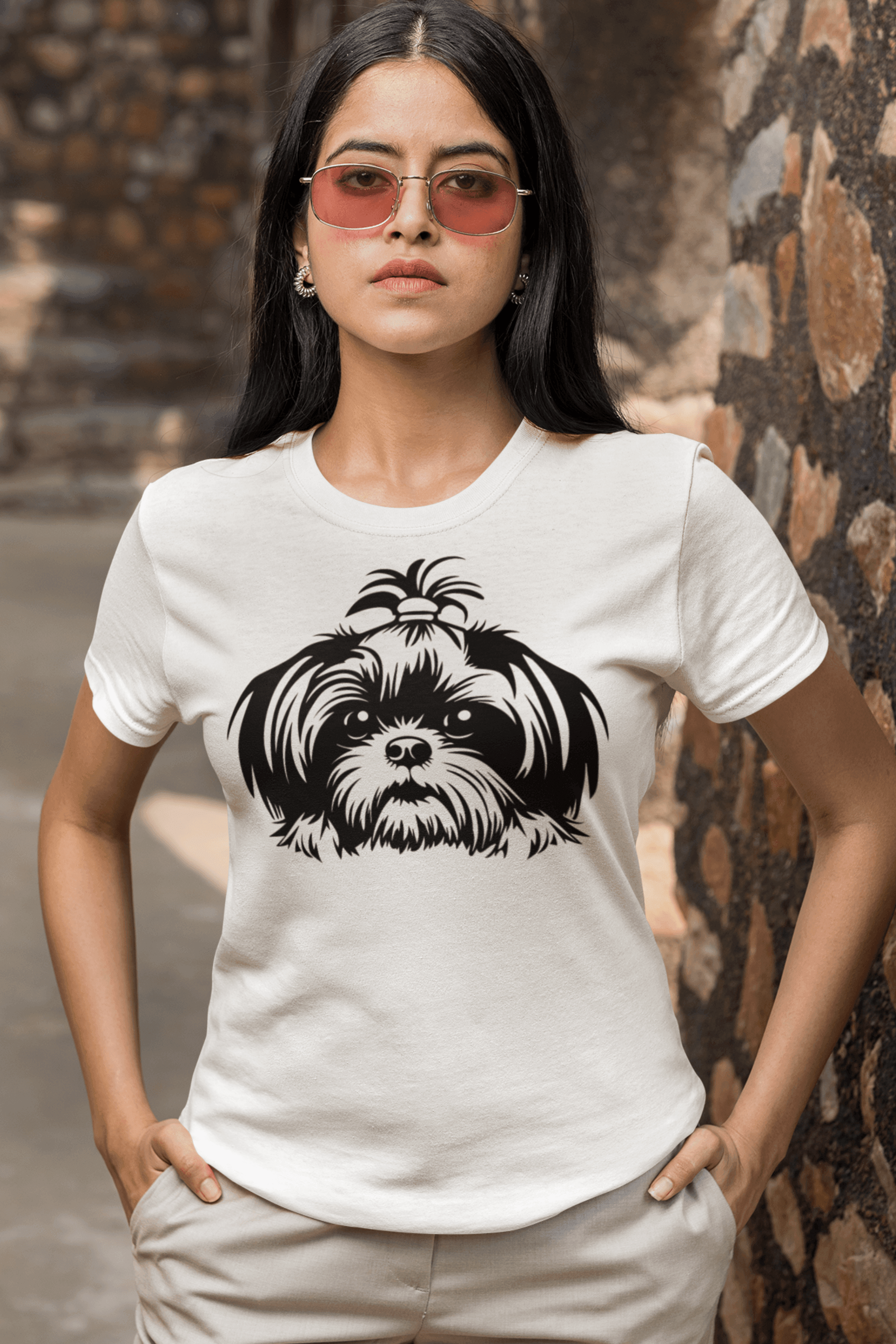 Maglietta Donna Con Stampo Shih Tzu, Nero, 100% Cotone Ring-Spun, 150 G/m², Scollo Rotondo