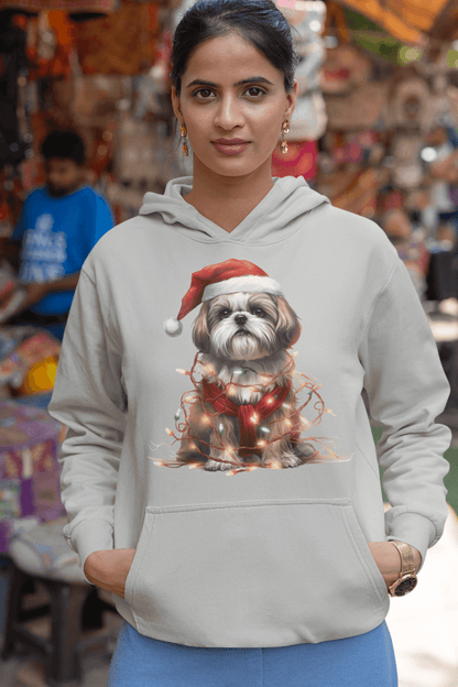 Shih Tzu Wearing a Christmas Hat and Wrapped in Lights Hooded Sweatshirt - Shih Tzu Gifts