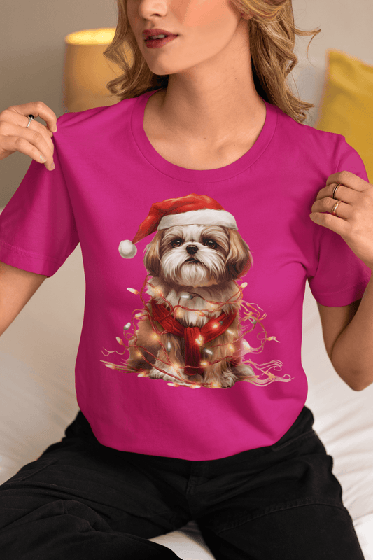 Shih Tzu Wearing a Christmas Hat and Wrapped in Lights Shirt - Shih Tzu Gifts