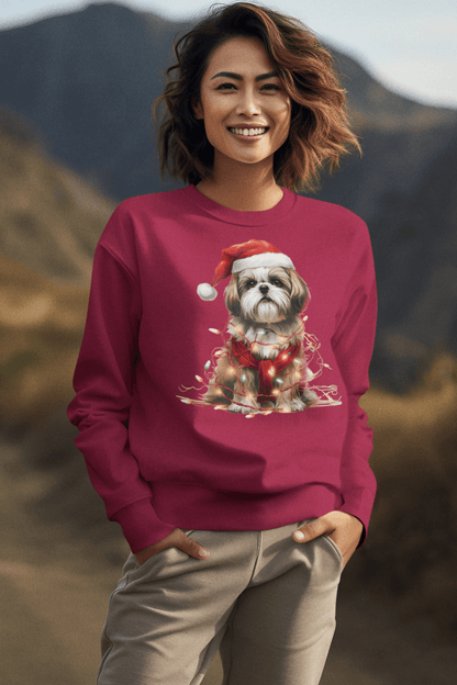 Shih Tzu Wearing a Christmas Hat and Wrapped in Lights Sweatshirt - Shih Tzu Gifts